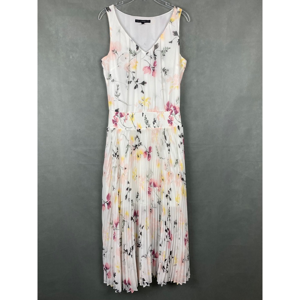 White House Black Market White Floral Pleated Midi Dress